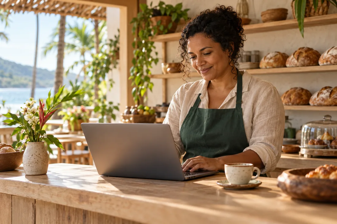 Cena ilustrativa de uma empreendedora usando um computador em seu café